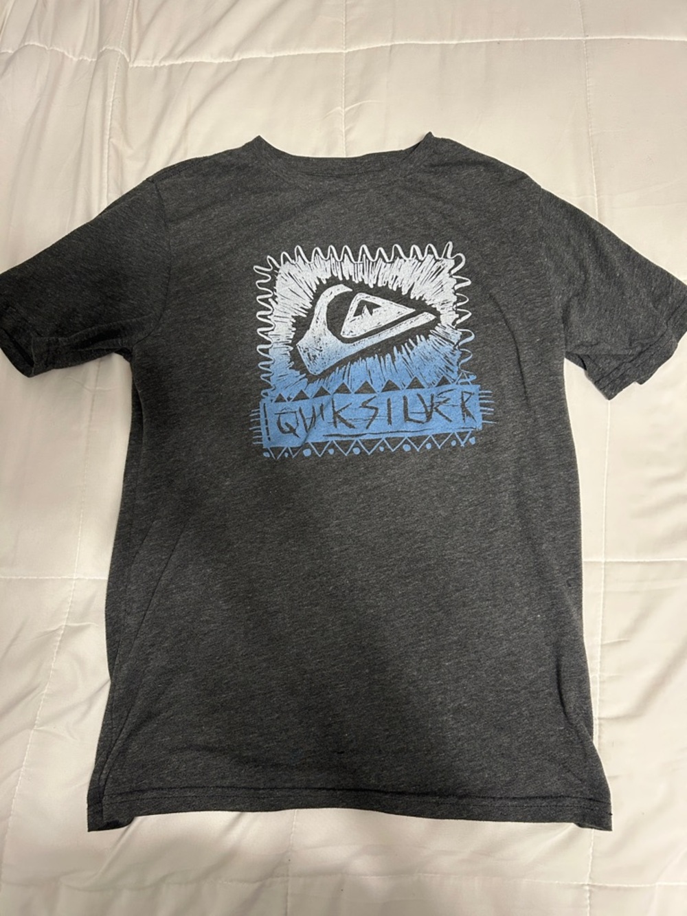 Quiksilver Dark Gray Tee with Blue & White Logo Graphic